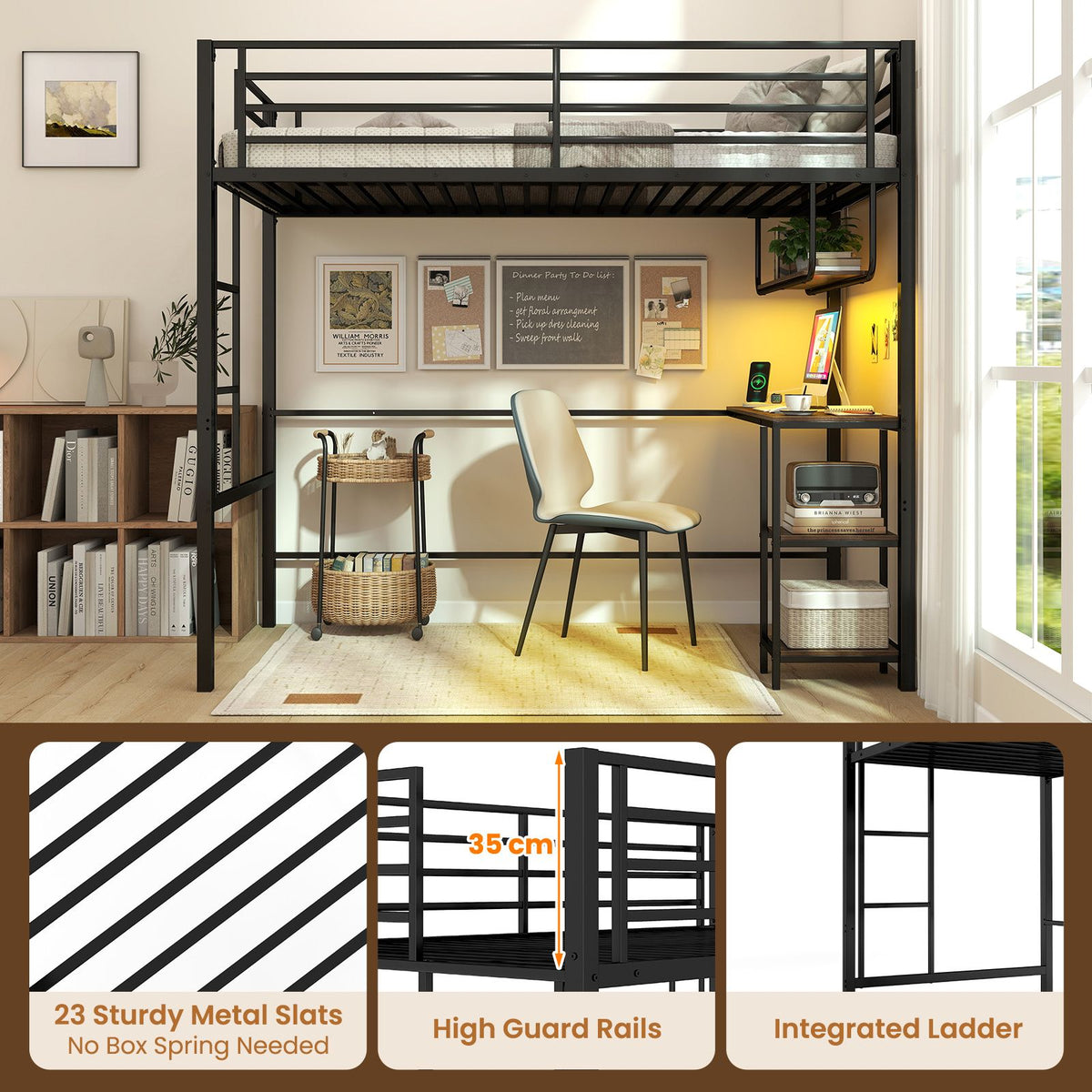 Metal Loft Bed Frame with Charging Station and Light Strip