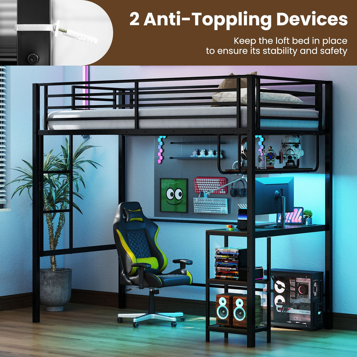 Metal Loft Bed Frame with Charging Station and Light Strip