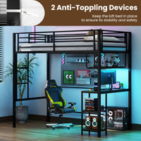 Metal Loft Bed Frame with Charging Station and Light Strip