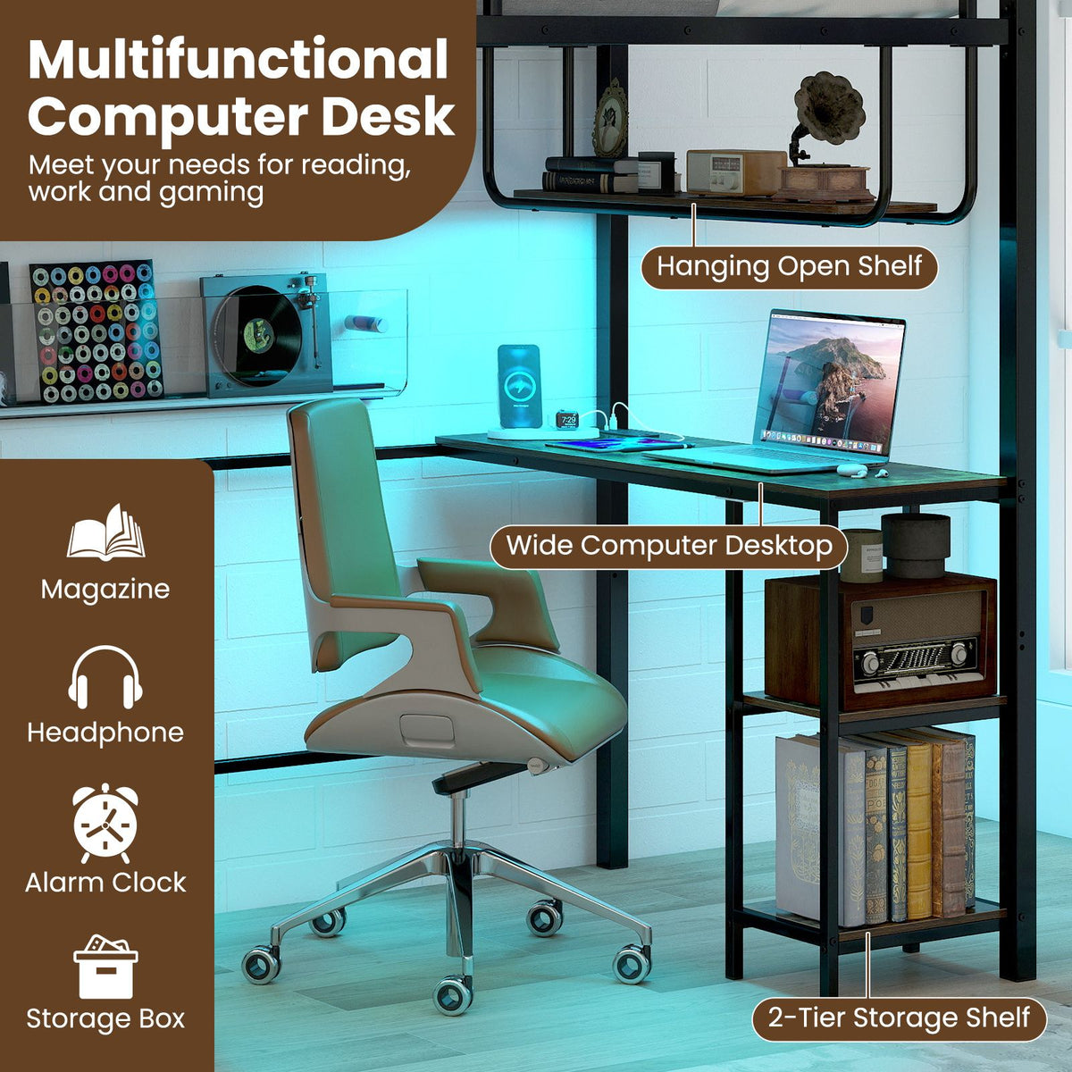 Metal Loft Bed Frame with Charging Station and Light Strip