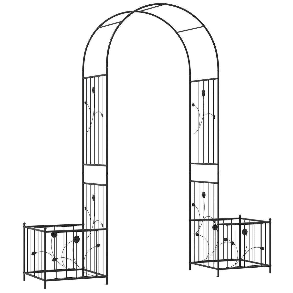 Metal Garden Arbor with Planter Boxes Arch Trellis with Ground Stakes for Climbing Plants