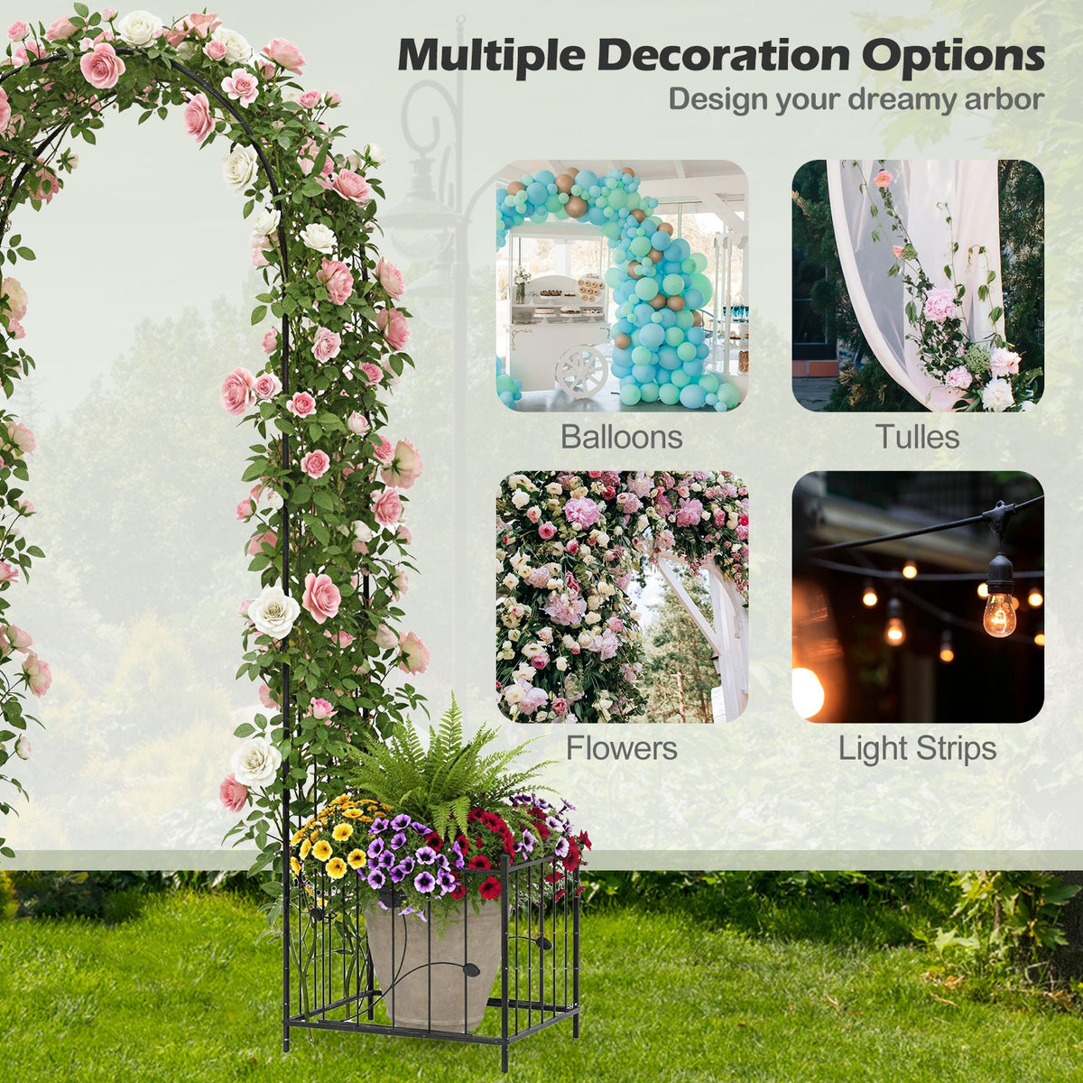 Metal Garden Arbor with Planter Boxes Arch Trellis with Ground Stakes for Climbing Plants