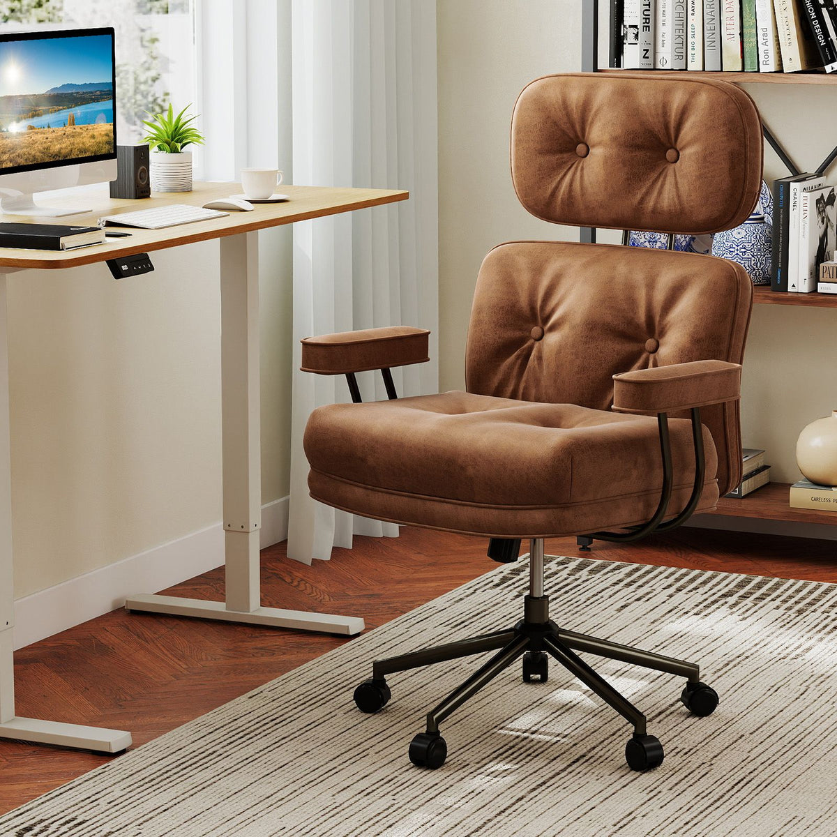 Mid Century Modern Suede Fabric Home Office Chair with Adjustable Back