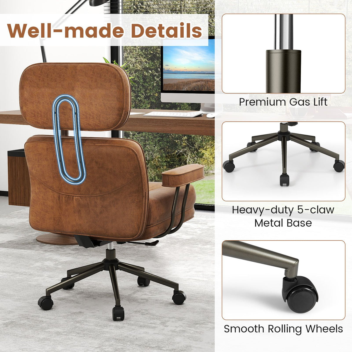 Mid Century Modern Suede Fabric Home Office Chair with Adjustable Back