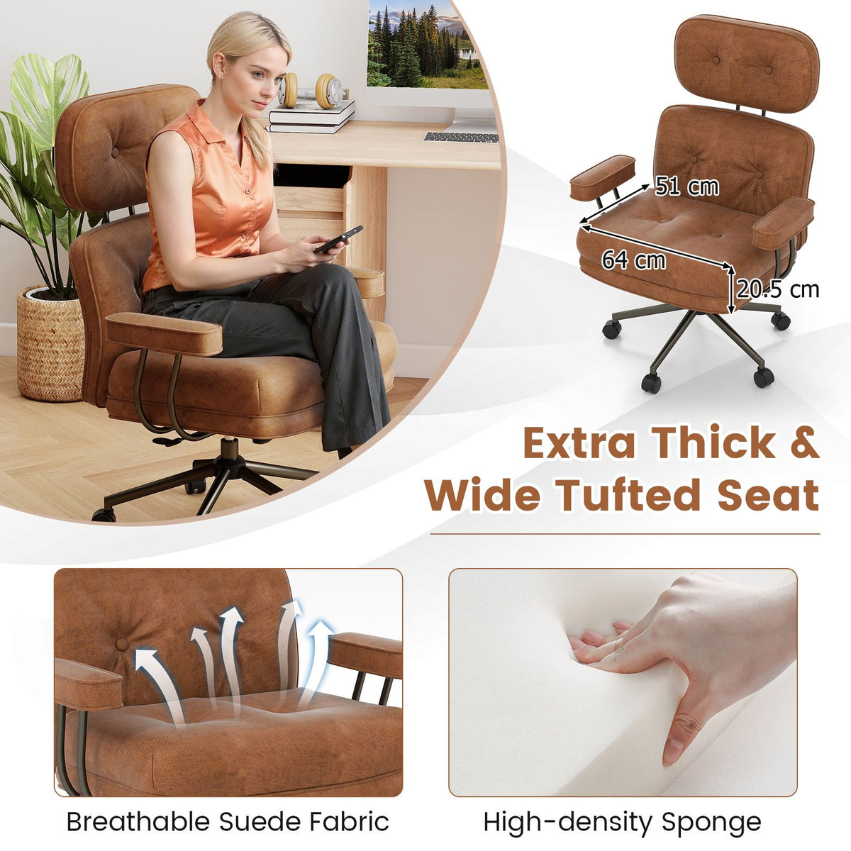 Mid Century Modern Suede Fabric Home Office Chair with Adjustable Back