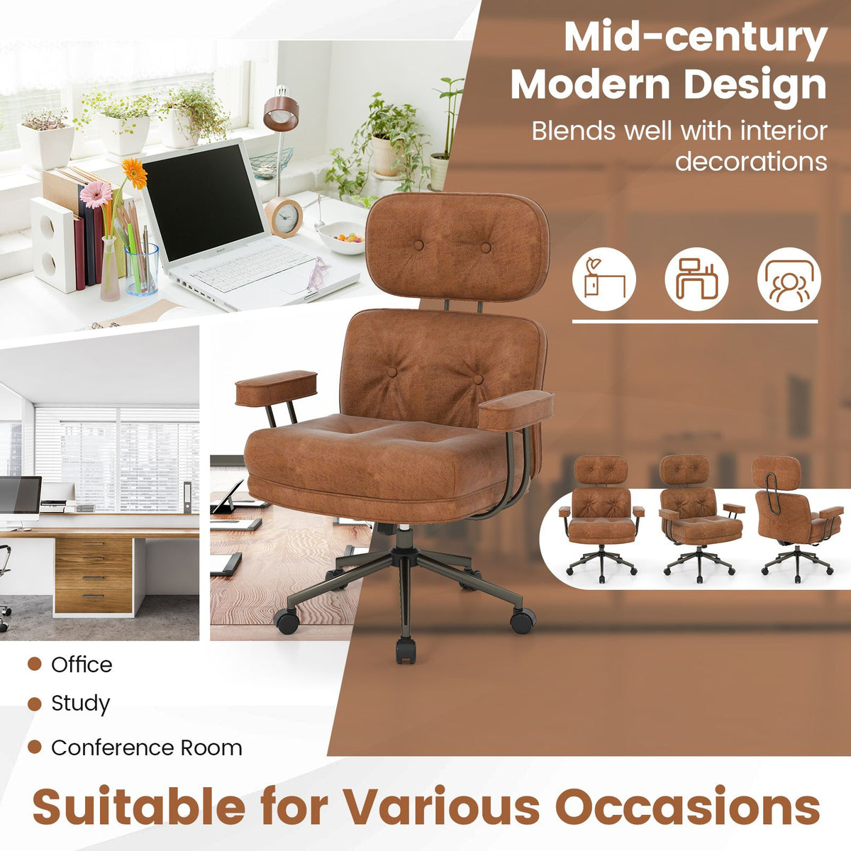 Mid Century Modern Suede Fabric Home Office Chair with Adjustable Back