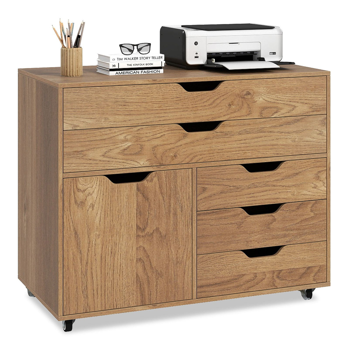 Giantex 5-Drawer Chest with Door, Mobile Chest of Drawers with 5 Casters