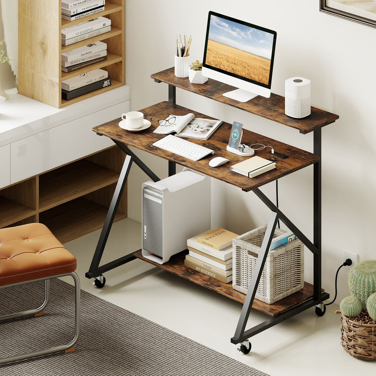 Power Rack Computer Desk Mobile Computer Desk with Power Outlets and Storage Shelf for Home ...