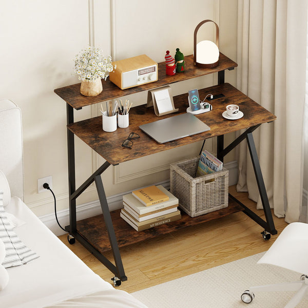 Mobile Computer Desk with Power Outlets and Storage Shelf for Home