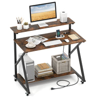 Mobile Computer Desk with Power Outlets and Storage Shelf for Home