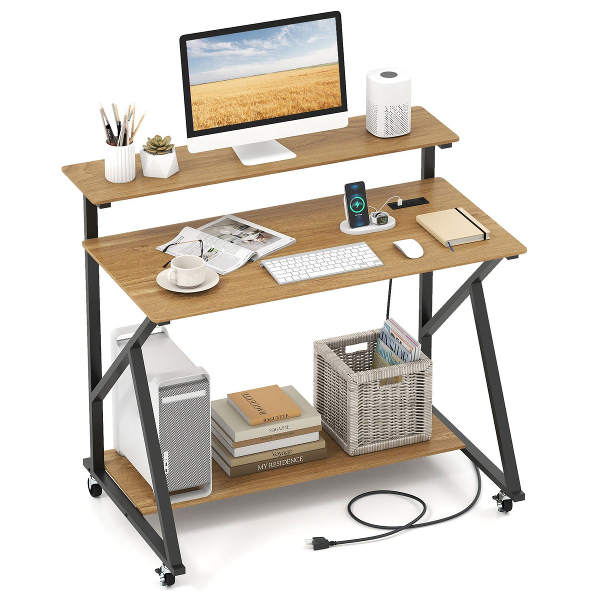 Mobile Computer Desk with Power Outlets and Storage Shelf for Home