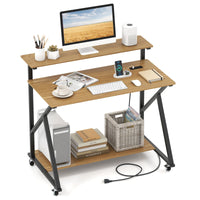 Mobile Computer Desk with Power Outlets and Storage Shelf for Home