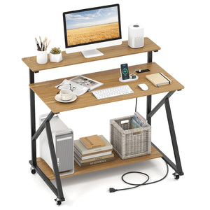 Mobile Computer Desk with Power Outlets and Storage Shelf for Home