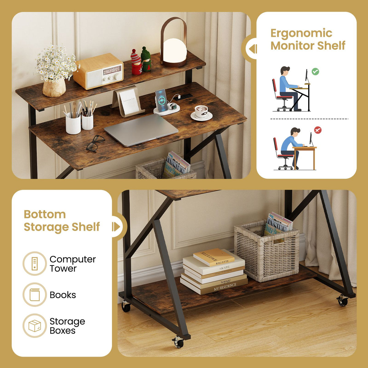 Mobile Computer Desk with Power Outlets and Storage Shelf for Home