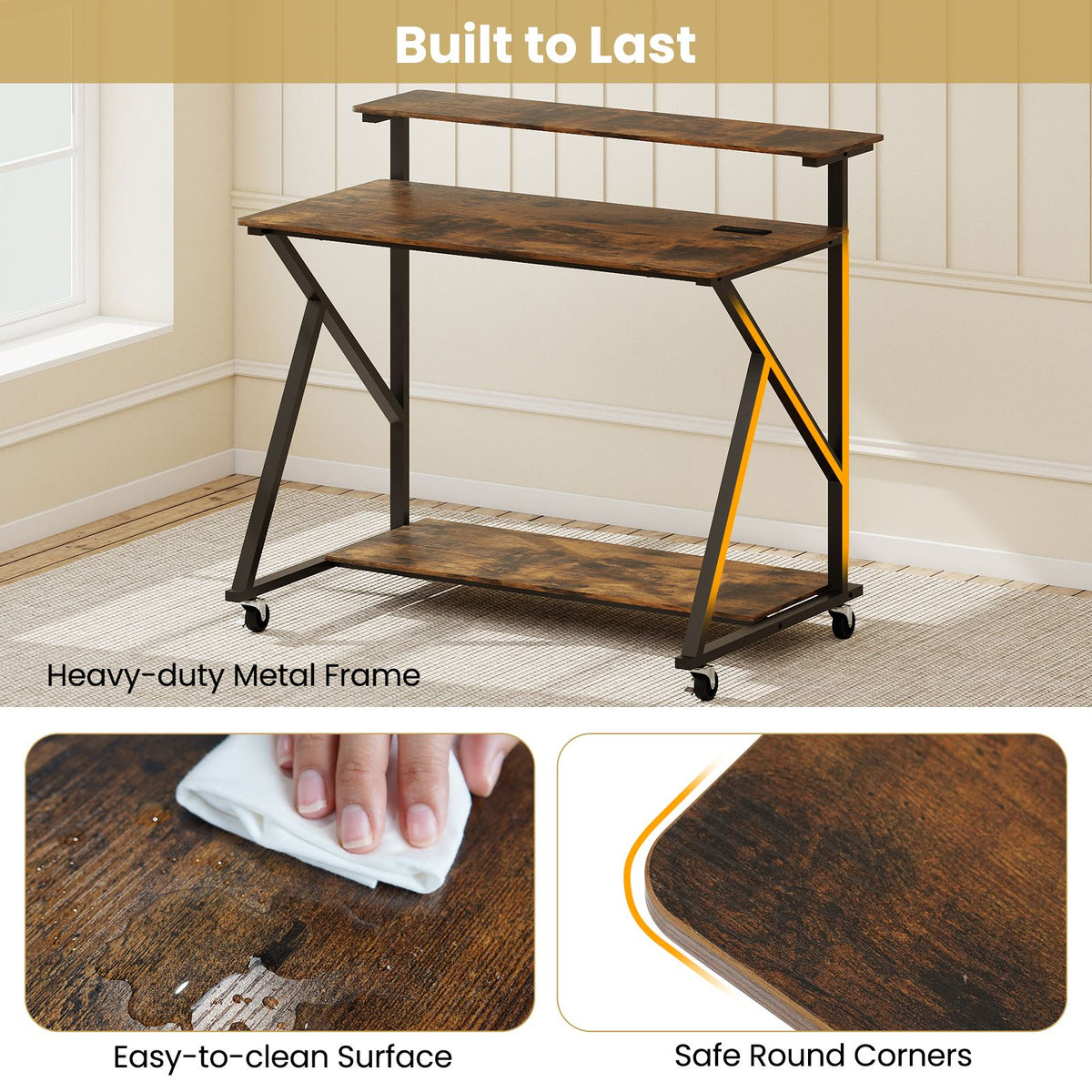 Mobile Computer Desk with Power Outlets and Storage Shelf for Home