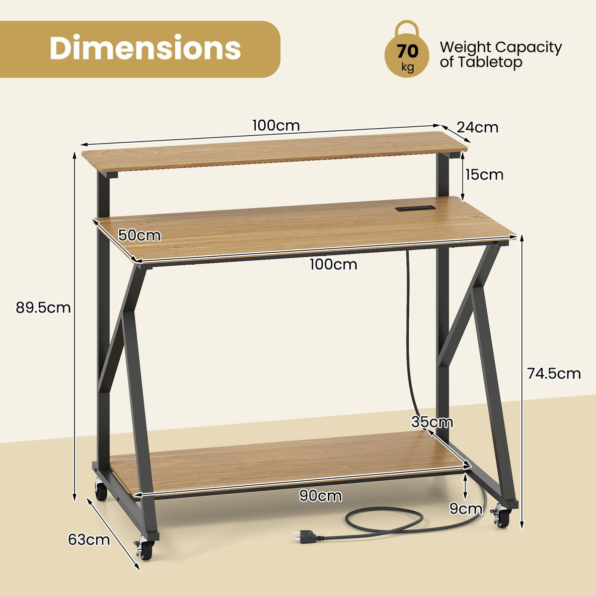 Mobile Computer Desk with Power Outlets and Storage Shelf for Home
