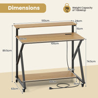 Mobile Computer Desk with Power Outlets and Storage Shelf for Home