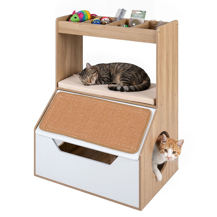 Modern Cat Litter Box Enclosure 3-in-1 Hidden Cat House Cabinet with 4 Cubbies