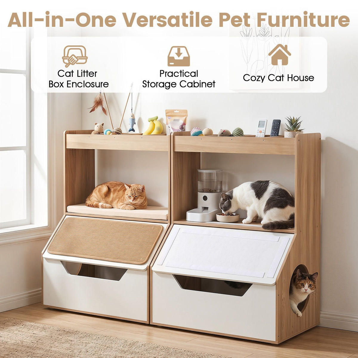 Modern Cat Litter Box Enclosure 3-in-1 Hidden Cat House Cabinet with 4 Cubbies