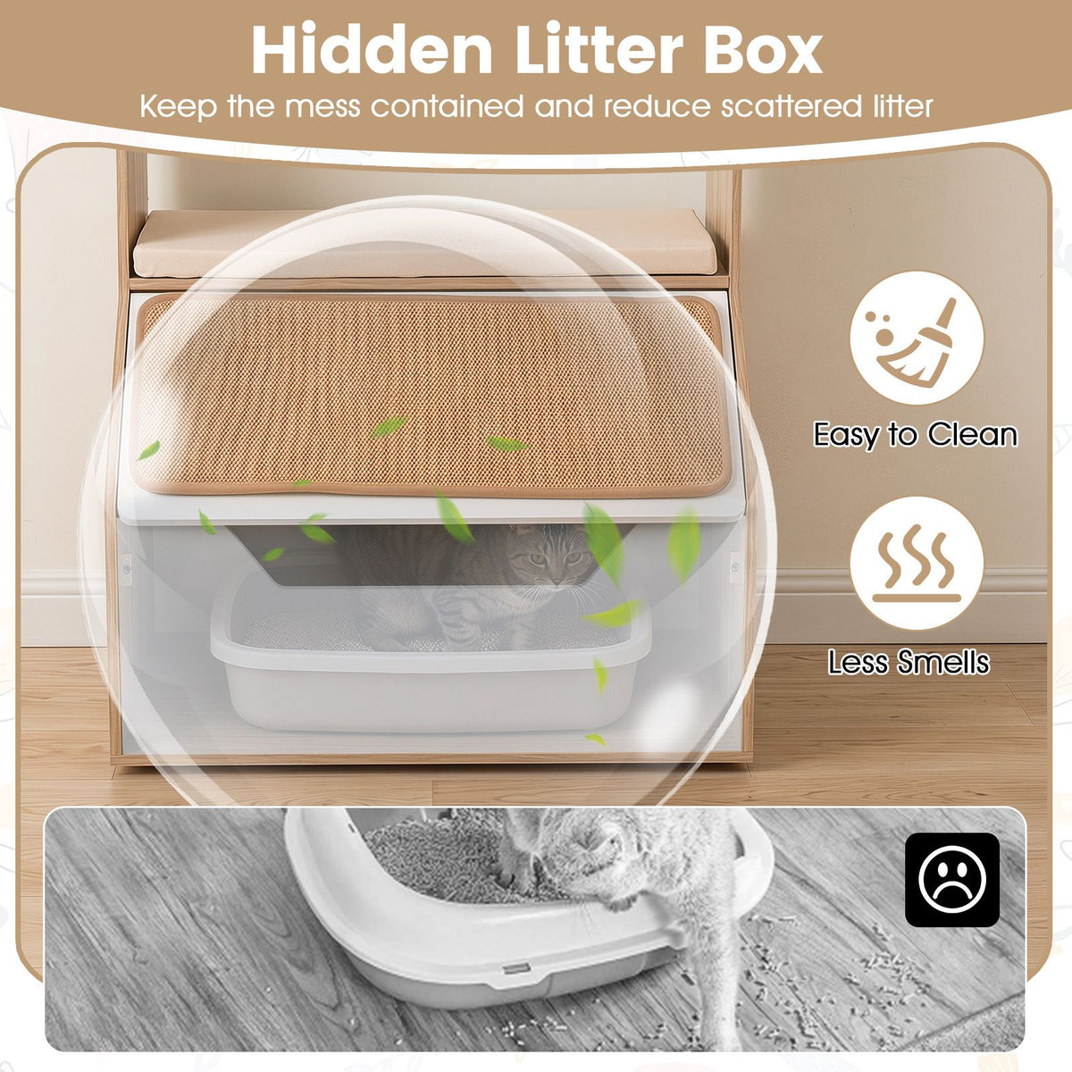 Modern Cat Litter Box Enclosure 3-in-1 Hidden Cat House Cabinet with 4 Cubbies