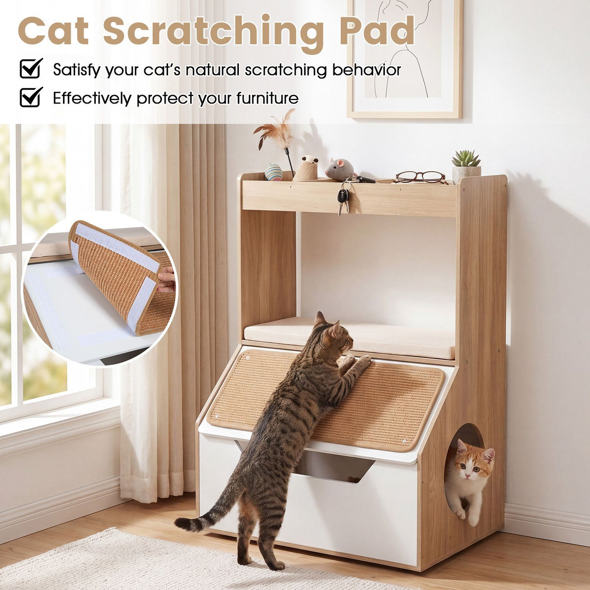 Modern Cat Litter Box Enclosure 3-in-1 Hidden Cat House Cabinet with 4 Cubbies