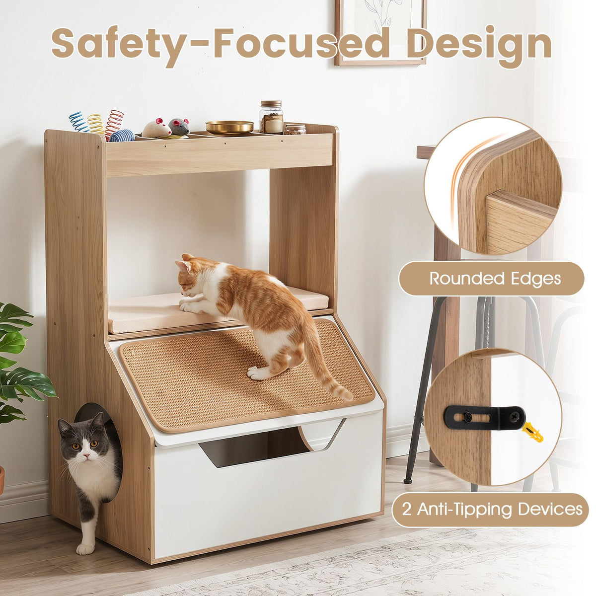 Modern Cat Litter Box Enclosure 3-in-1 Hidden Cat House Cabinet with 4 Cubbies