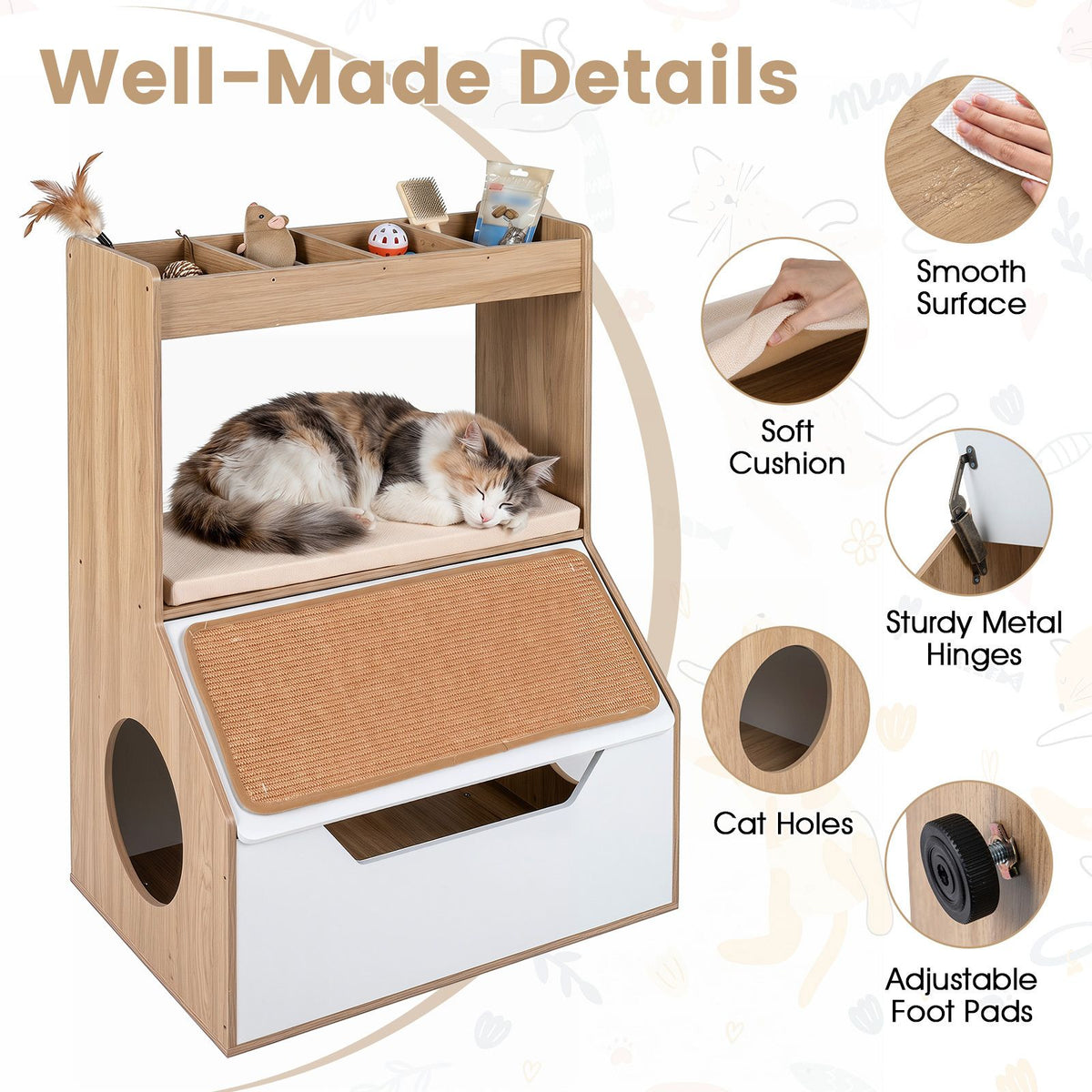 Modern Cat Litter Box Enclosure 3-in-1 Hidden Cat House Cabinet with 4 Cubbies
