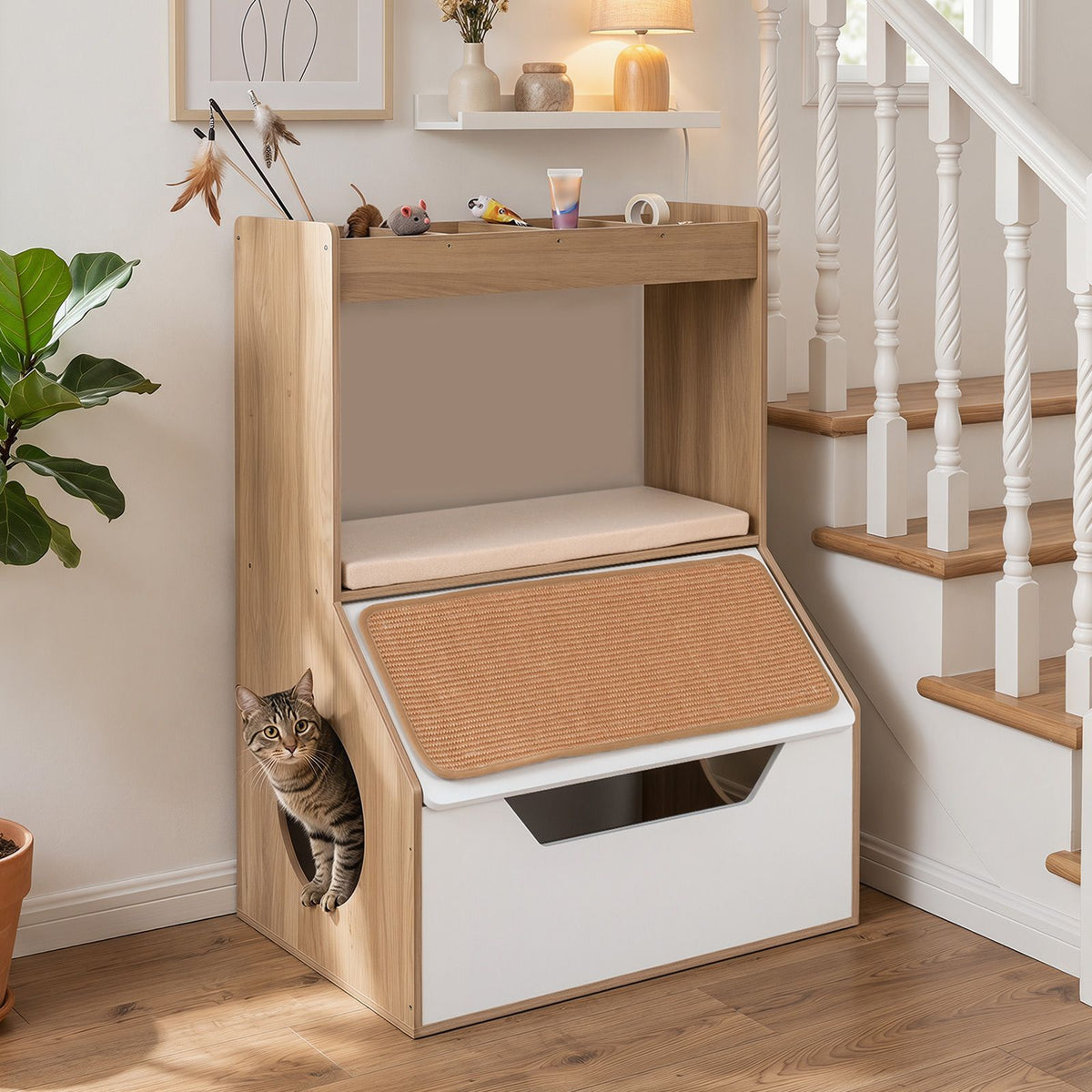 Modern Cat Litter Box Enclosure 3-in-1 Hidden Cat House Cabinet with 4 Cubbies