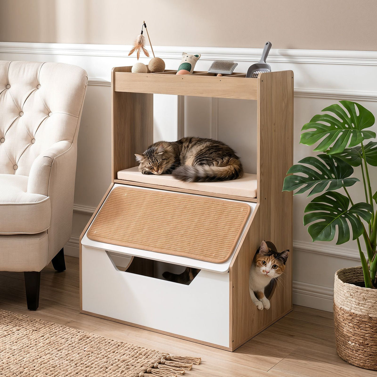 Modern Cat Litter Box Enclosure 3-in-1 Hidden Cat House Cabinet with 4 Cubbies