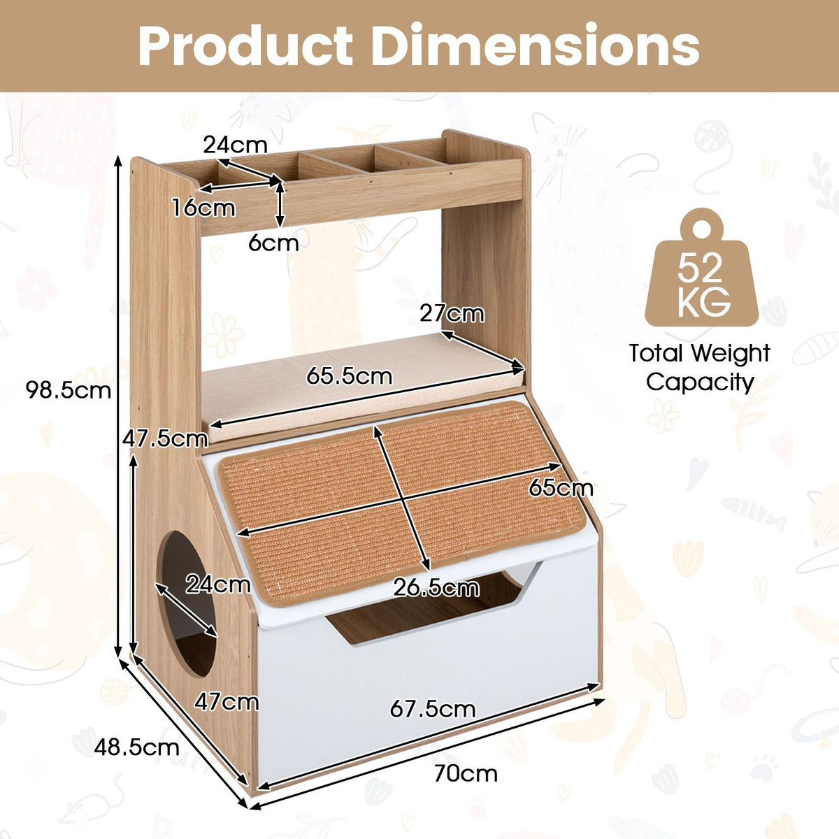 Modern Cat Litter Box Enclosure 3-in-1 Hidden Cat House Cabinet with 4 Cubbies