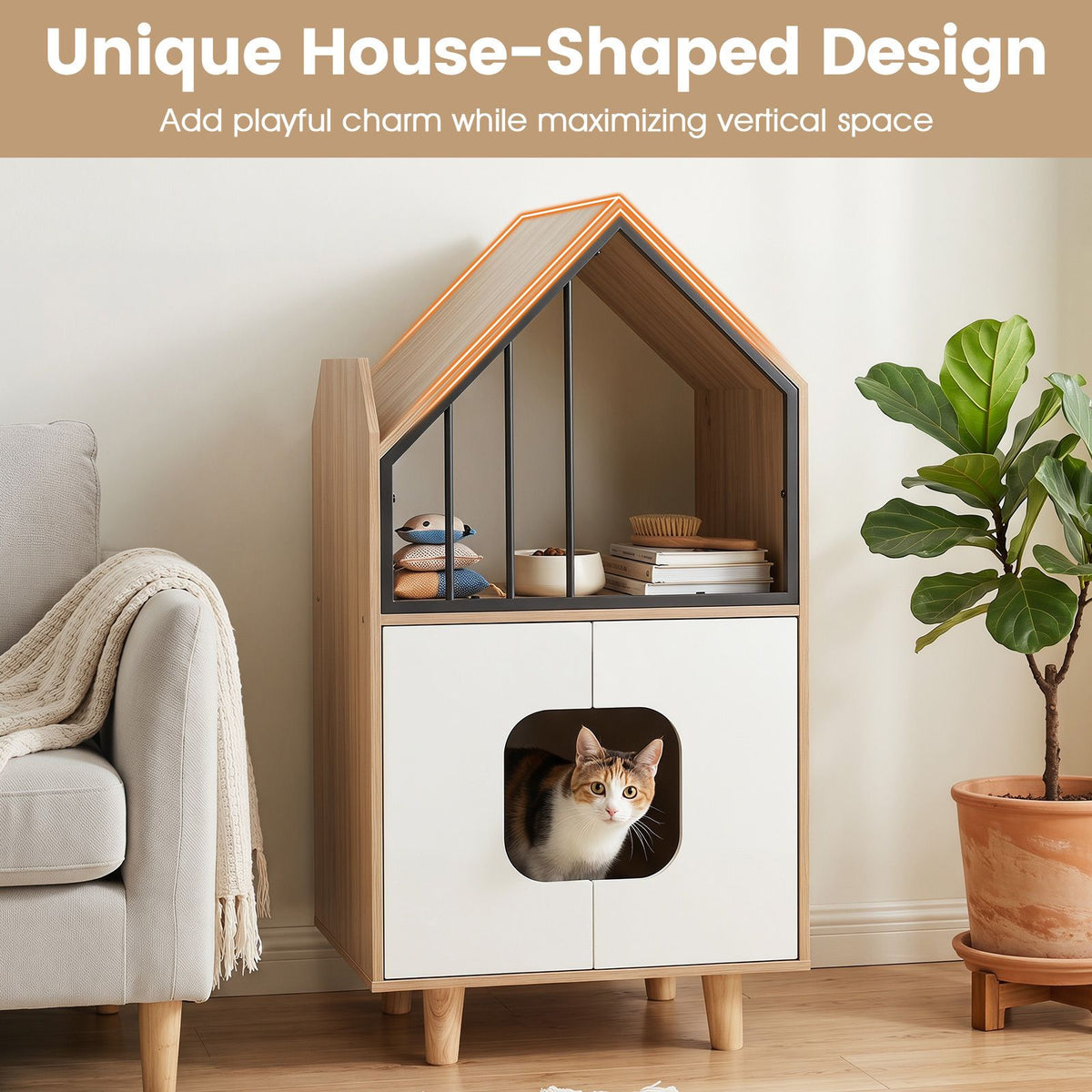 Modern Cat Litter Box Enclosure 3-in-1 Hidden Cat House Cabinet with Shelf