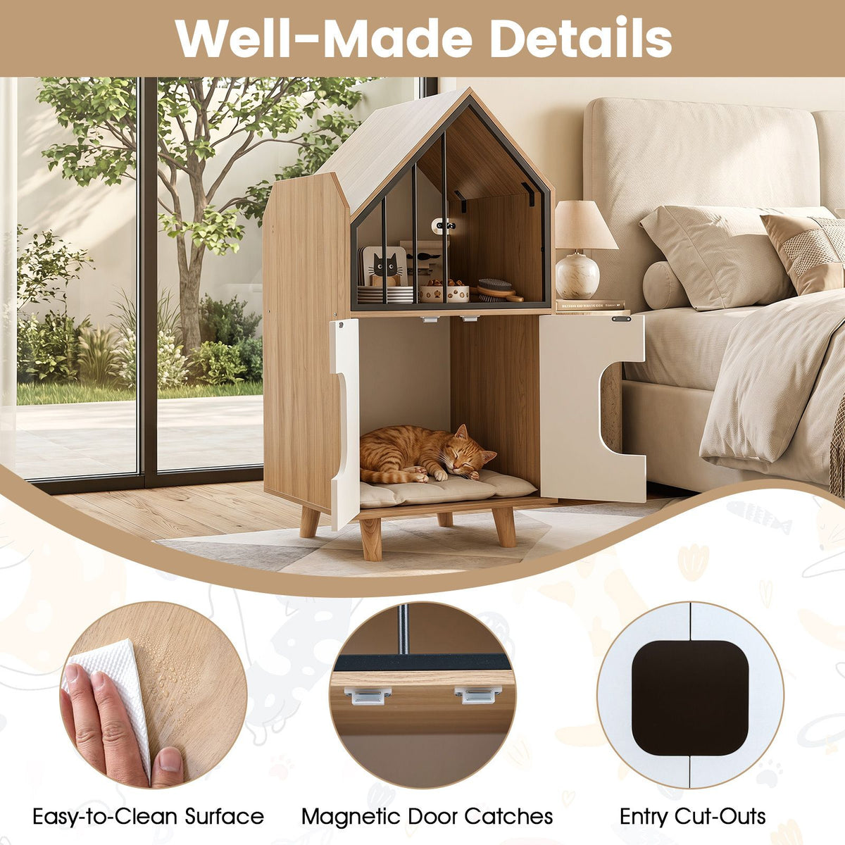 Modern Cat Litter Box Enclosure 3-in-1 Hidden Cat House Cabinet with Shelf