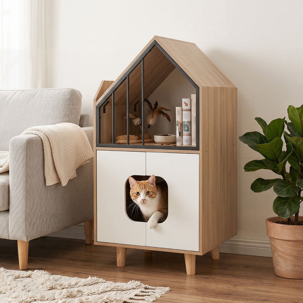Modern Cat Litter Box Enclosure 3-in-1 Hidden Cat House Cabinet with Shelf