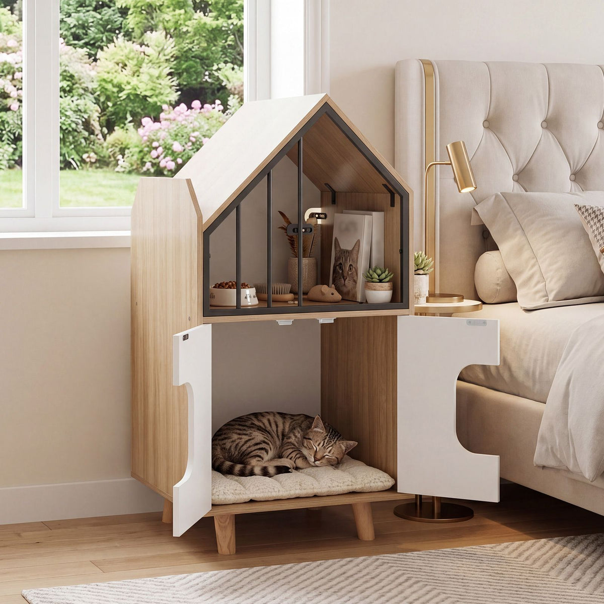 Modern Cat Litter Box Enclosure 3-in-1 Hidden Cat House Cabinet with Shelf