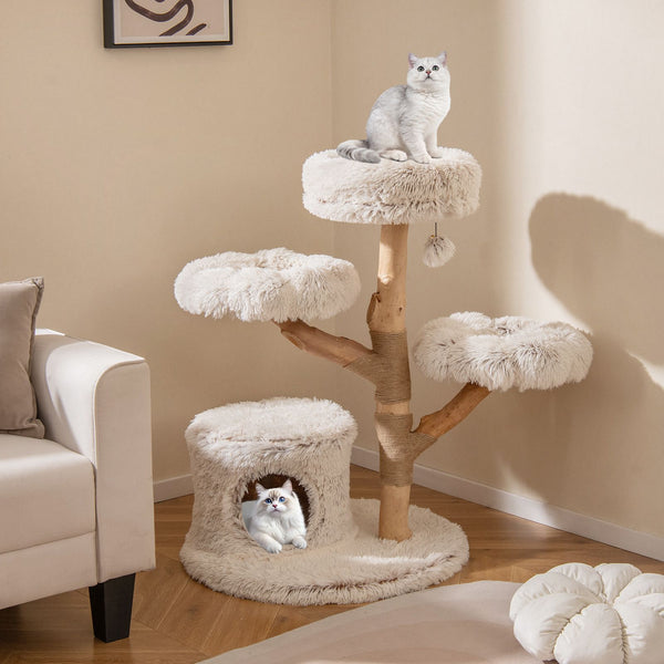 Modern Cat Tower with Natural Jute Scratching Post and Dangling Ball