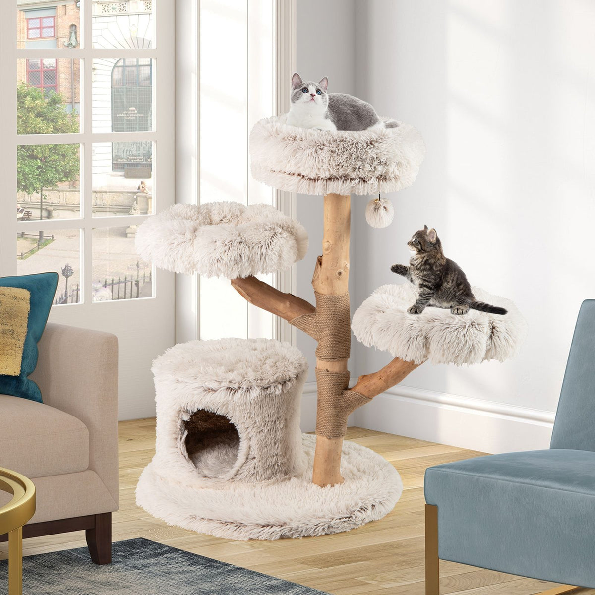 Modern Cat Tower with Natural Jute Scratching Post and Dangling Ball