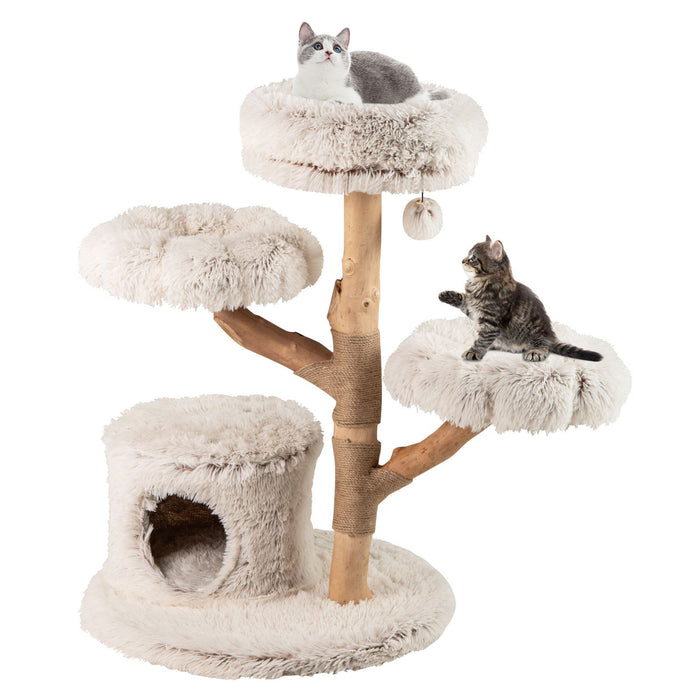 Modern Cat Tower with Natural Jute Scratching Post and Dangling Ball