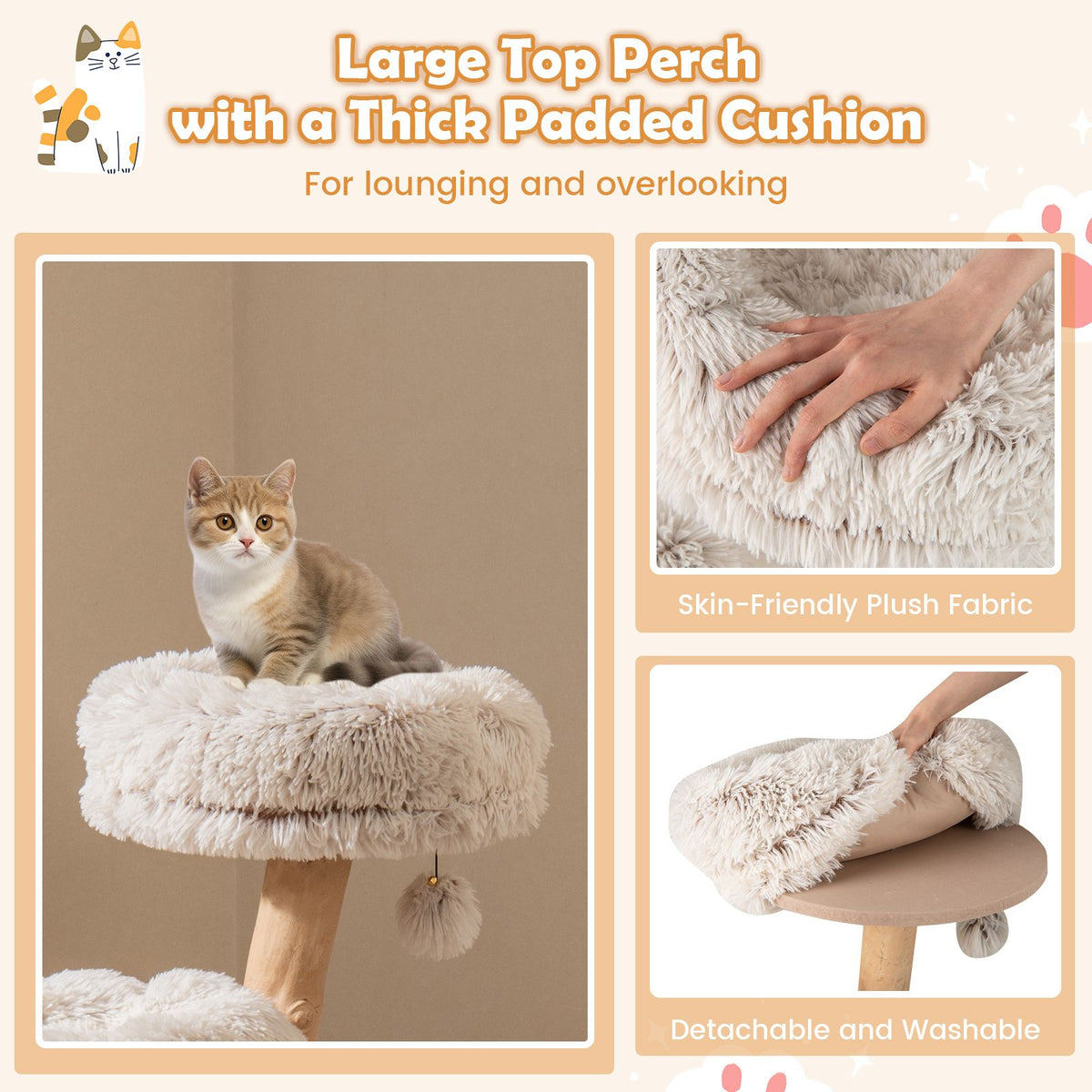 Modern Cat Tower with Natural Jute Scratching Post and Dangling Ball