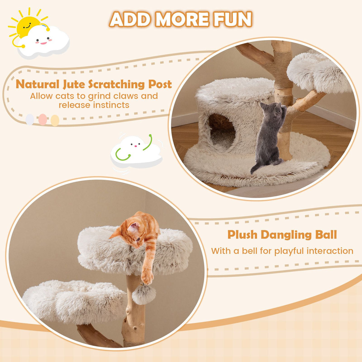 Modern Cat Tower with Natural Jute Scratching Post and Dangling Ball