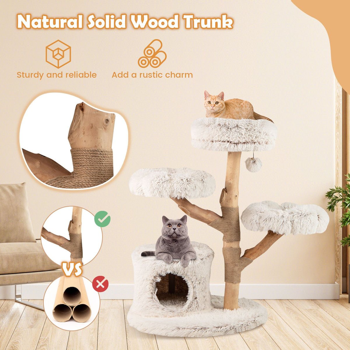 Modern Cat Tower with Natural Jute Scratching Post and Dangling Ball
