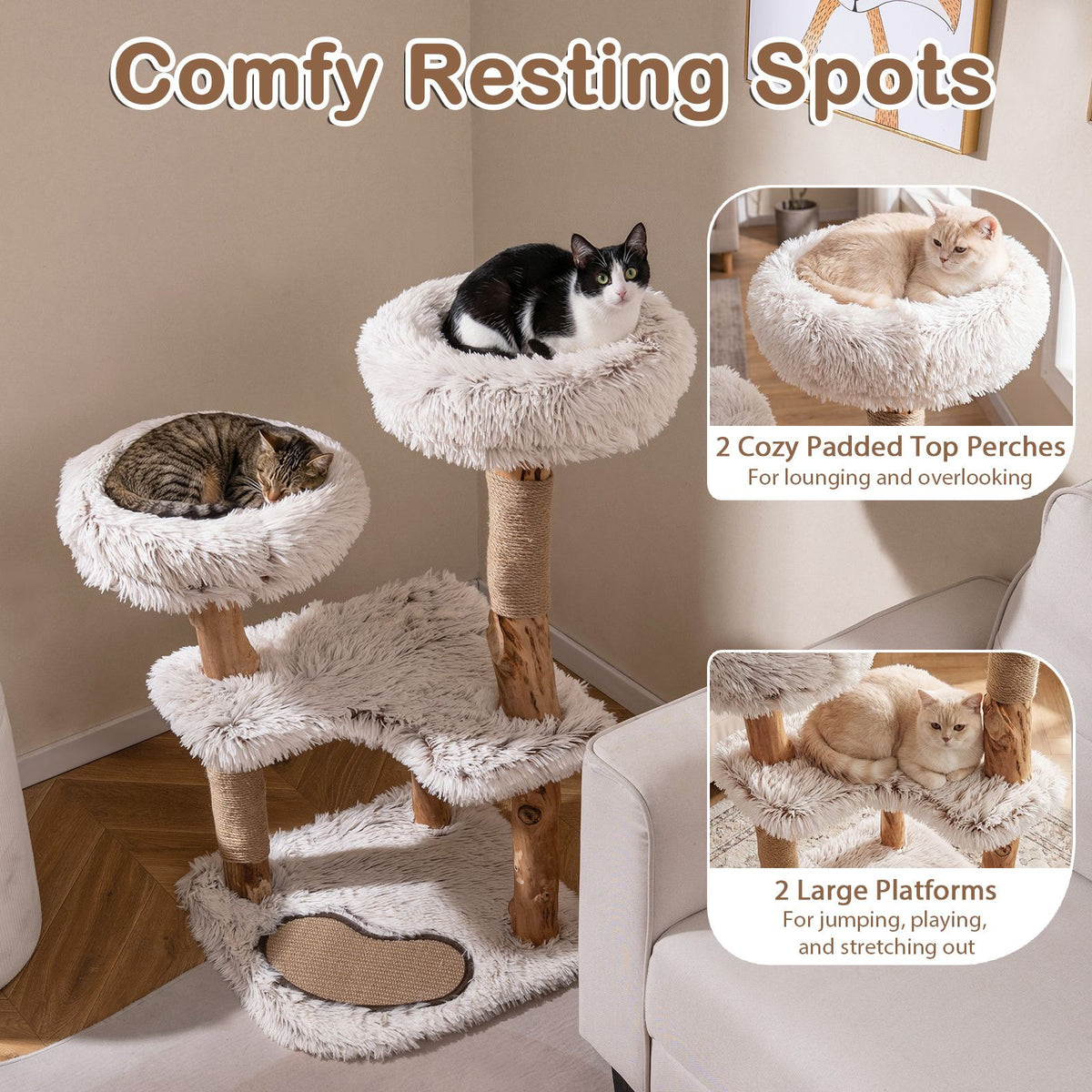 Modern Cat Tree Tower 101cm with Luxury Real Wood Natural Branch
