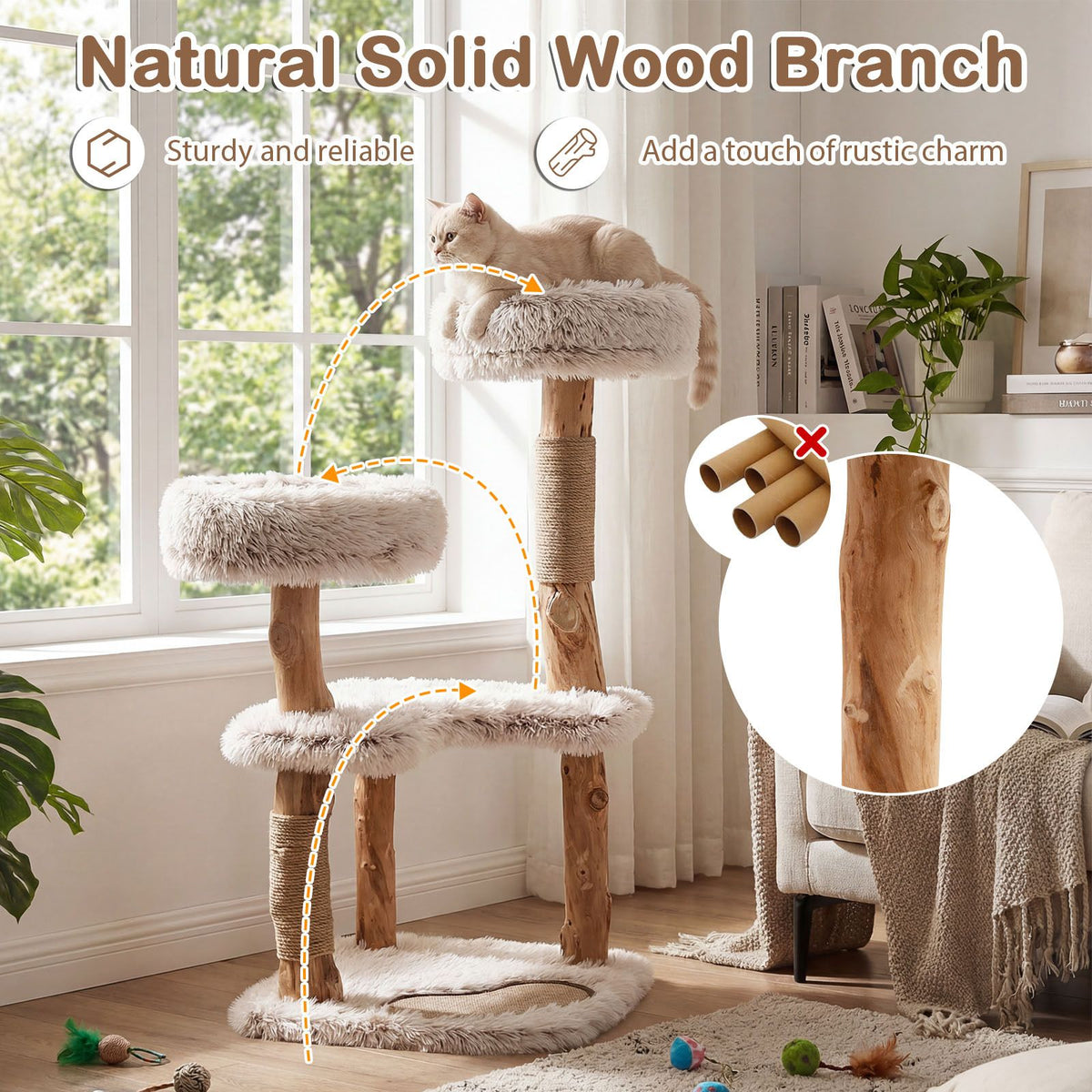 Modern Cat Tree Tower 101cm with Luxury Real Wood Natural Branch
