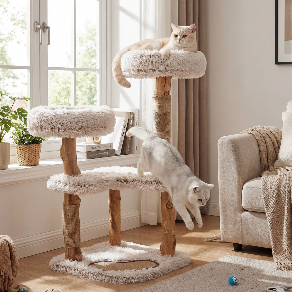 Modern Cat Tree Tower 101cm with Luxury Real Wood Natural Branch