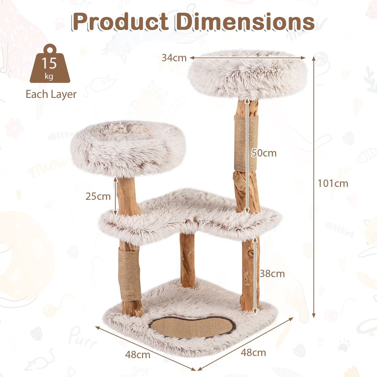 Modern Cat Tree Tower 101cm with Luxury Real Wood Natural Branch