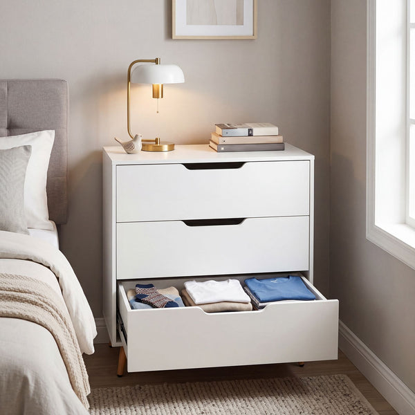 Modern 3 Drawer Dresser with Metal Legs and Anti Tipping Cutout Handles