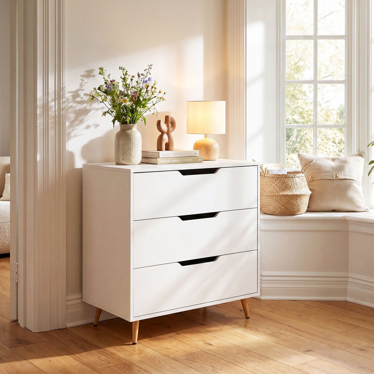 Modern 3 Drawer Dresser with Metal Legs and Anti Tipping Cutout Handles