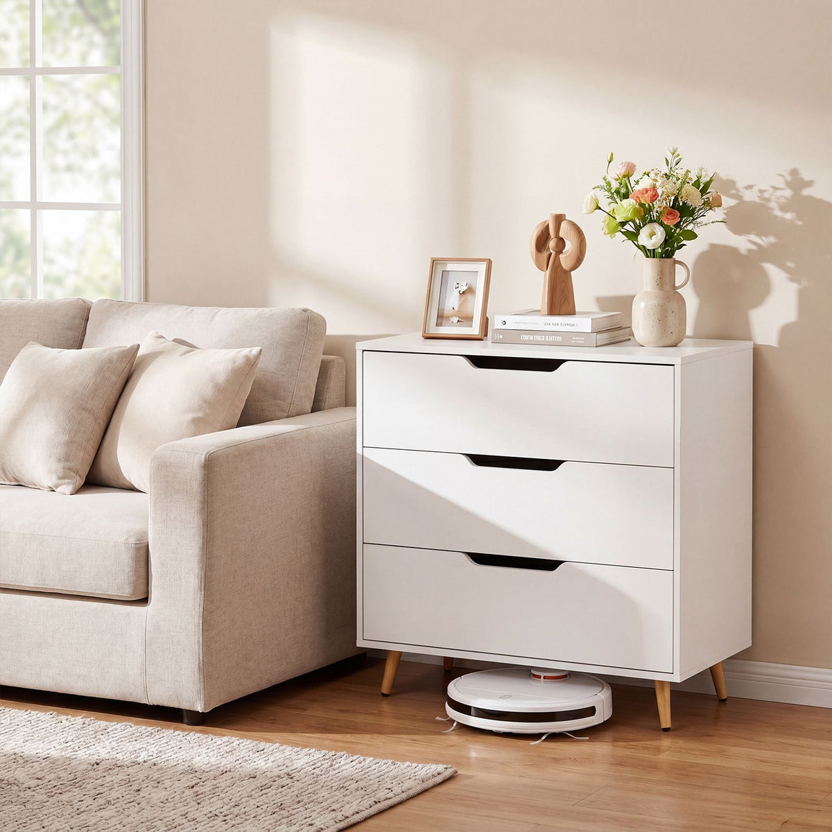 Modern 3 Drawer Dresser with Metal Legs and Anti Tipping Cutout Handles