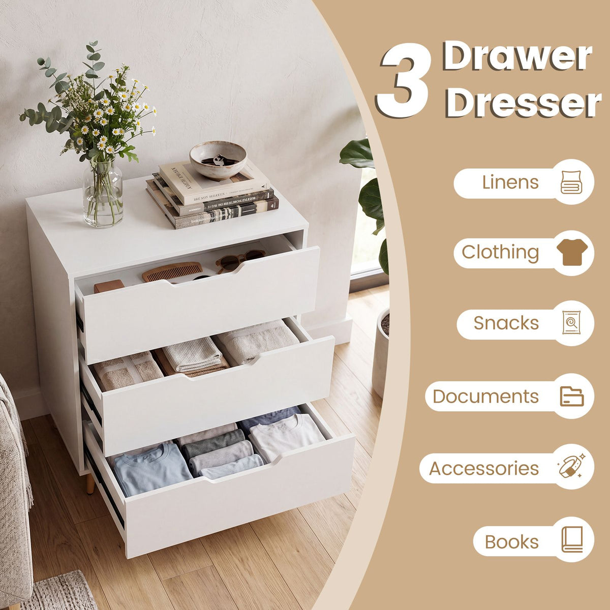 Modern 3 Drawer Dresser with Metal Legs and Anti Tipping Cutout Handles
