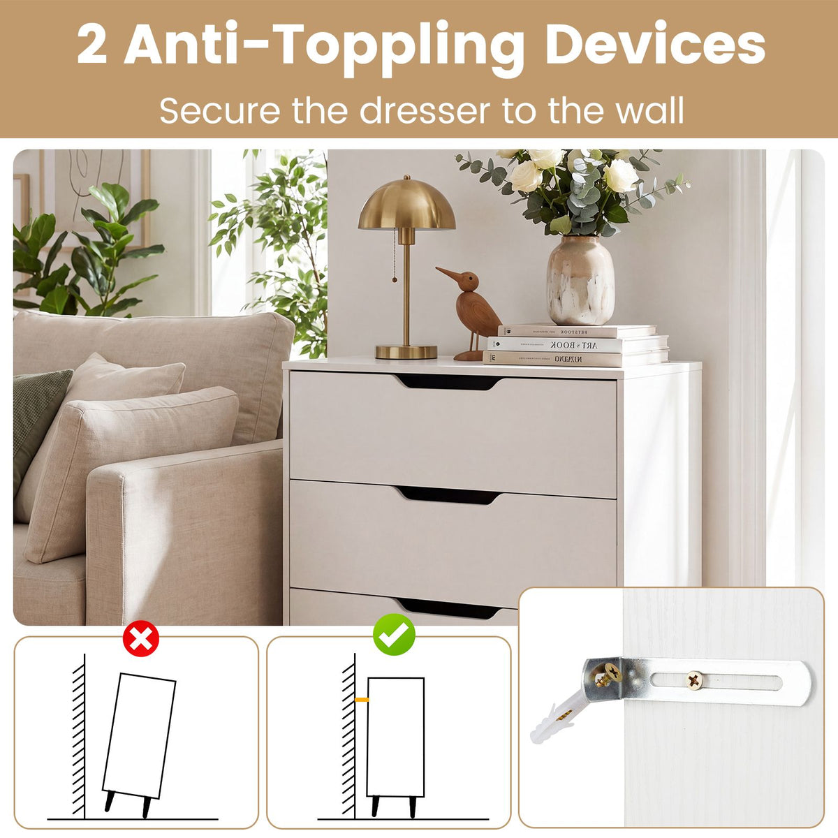 Modern 3 Drawer Dresser with Metal Legs and Anti Tipping Cutout Handles