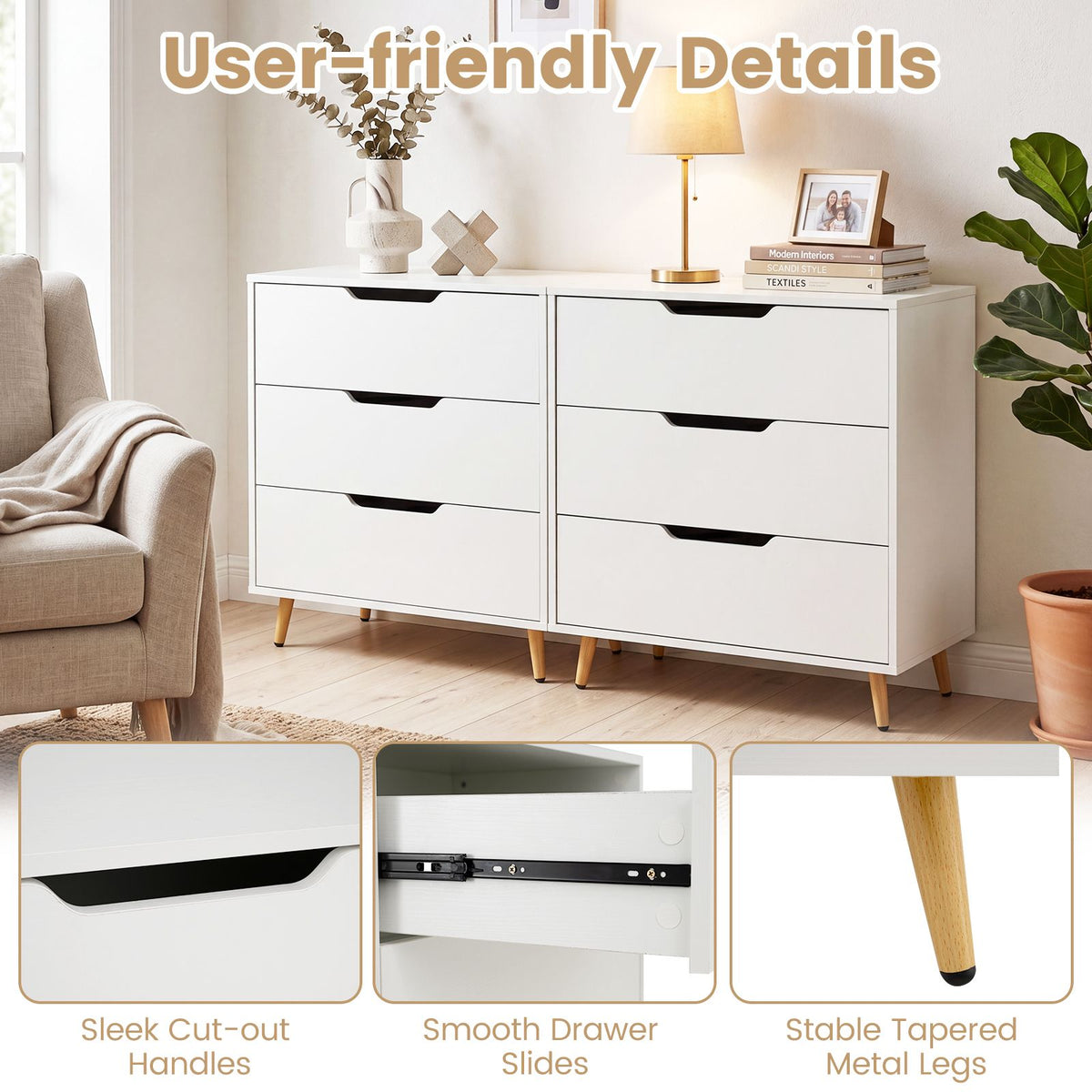 Modern 3 Drawer Dresser with Metal Legs and Anti Tipping Cutout Handles